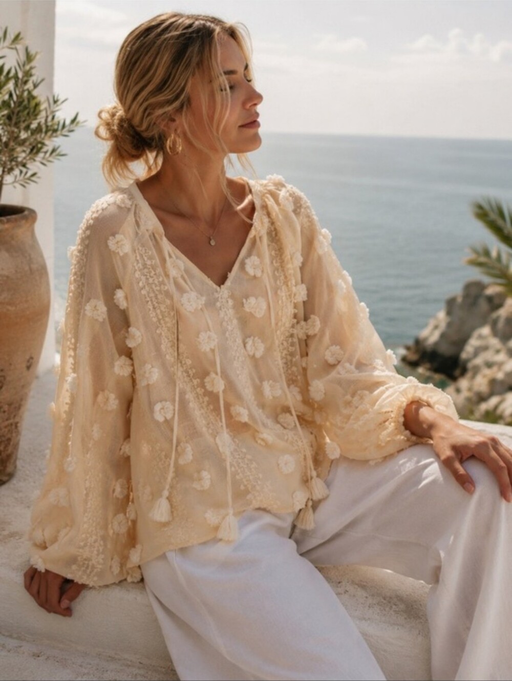 Calypso St. Barth Sheer Blush Pom-Pom Embroidered Blouse Popover